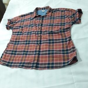 L.L. Bean Casual Plaid Shirt Front Pockets Pink, Blue Short Sleeve Size XL R